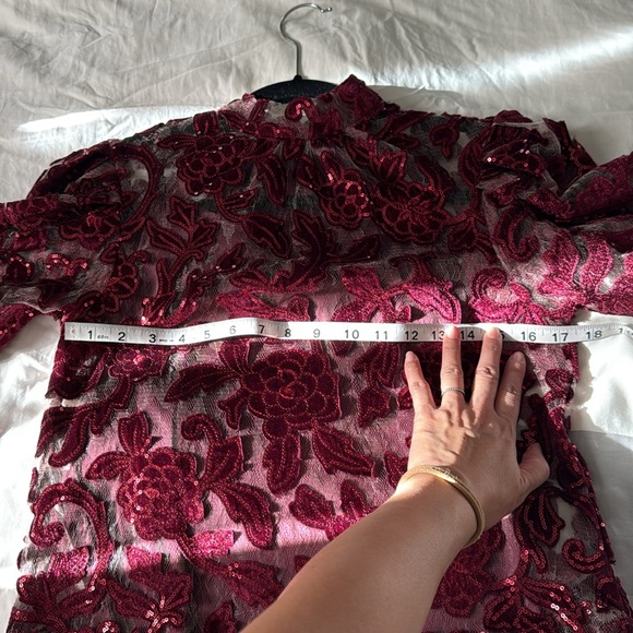 NWT Anthropologie Lace/Sequence Tie Back Puff Sleeve Burgundy Top, XXS petite - Picture 10 of 12